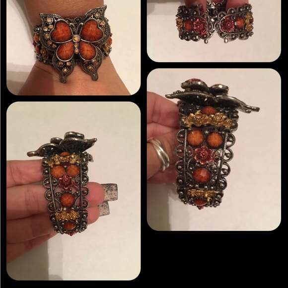 BUTTERFLY & FLOWERS Brown Bronze Orange STONES, Stretch, STATEMENT CUFF BRACELET - Picture 2 of 2